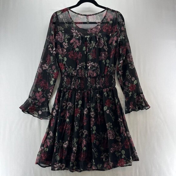 Xhilaration Mini Dress Women Sz M Long Sleeve Chiffon Smocked Waist Floral Black - Picture 1 of 12